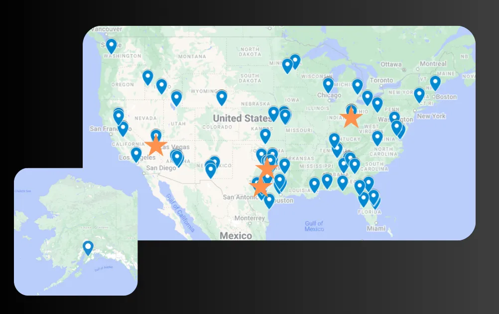 Map of the United States showing Ankerstar Wealth client locations nationwide, with offices marked in Texas, Nevada and Ohio.